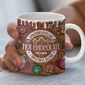 Puffy 3D Aufgeblasene Weihnachtstasse Wrap PNG Set, Lebkuchen heiße Schokolade Design, 11 Unze 15 Unze Sublimationstasse Wrap, digitaler Download