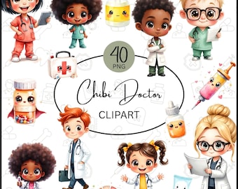 Clipart de Enfermeira Chibi PNG | Pacote de Enfermeiras Fofas em Desenho Animado | Clipart para Sublimação de Enfermeira na Área da Saúde