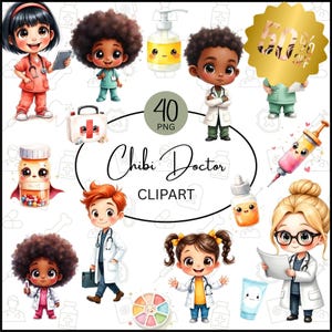 ちびドクタークリップアートバンドル、ナースPNGグラフィックス（デジタルダウンロード