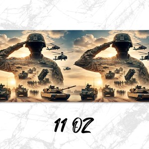 Soldiers saluting with tanks and helicopters, 11 oz.
