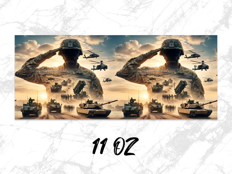 Soldiers saluting with tanks and helicopters, 11 oz.