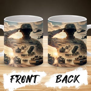 Mug with soldiers saluting, tanks, and helicopters on a sunset background.