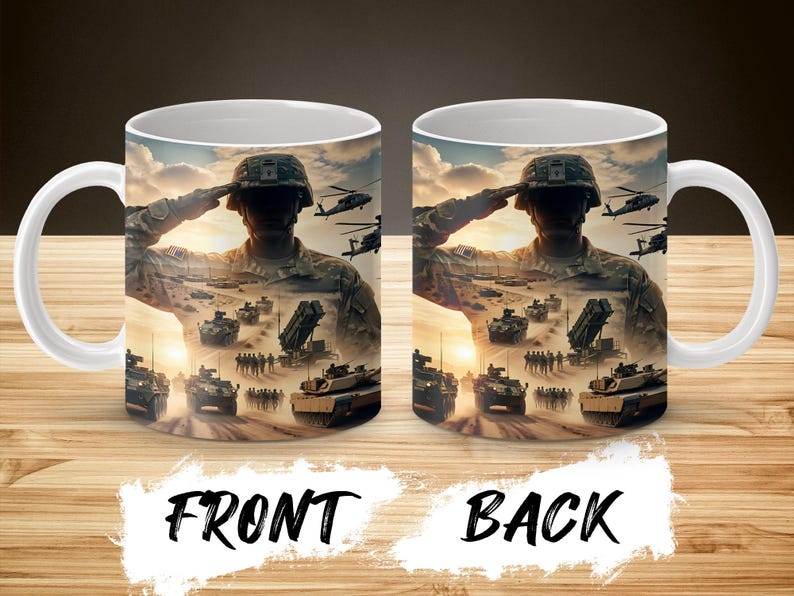Mug with soldiers saluting, tanks, and helicopters on a sunset background.