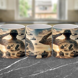 Three mugs featuring a military scene with soldiers, tanks, and helicopters.