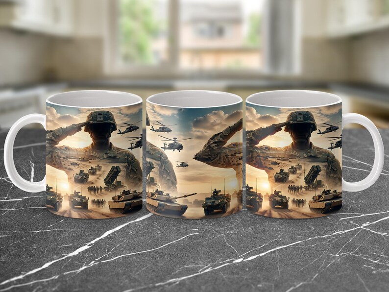 Three mugs featuring a military scene with soldiers, tanks, and helicopters.