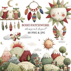 Boho Patchwork Clipart Set, Sun, Moon, Feathers (PNG & JPG)