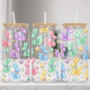 Pastelkleurige ballon konijn paaseieren UV-DTF 16oz glazen blikverpakking | Digitaal ontwerp Pasen lente-sublimatie