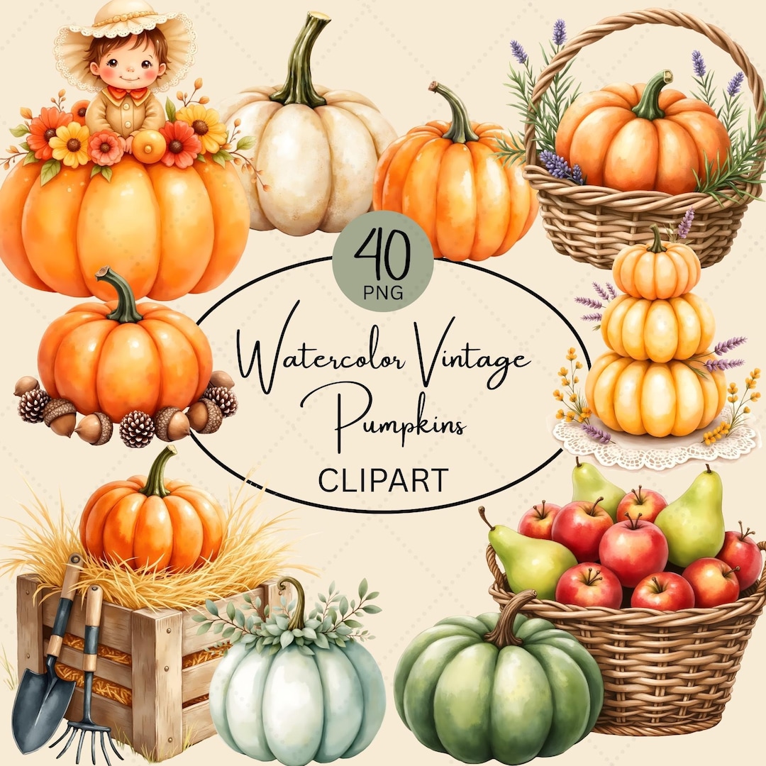 Watercolor Vintage Pumpkin Clipart PNG, Fall Harvest Pumpkins, Autumn ...