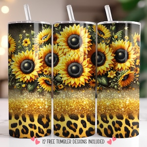 Sunflower Leopard Seamless 20oz Skinny Tumbler Wrap PNG, Gold Glitter Animal Print, Floral Sublimation Tumbler Design for Makers