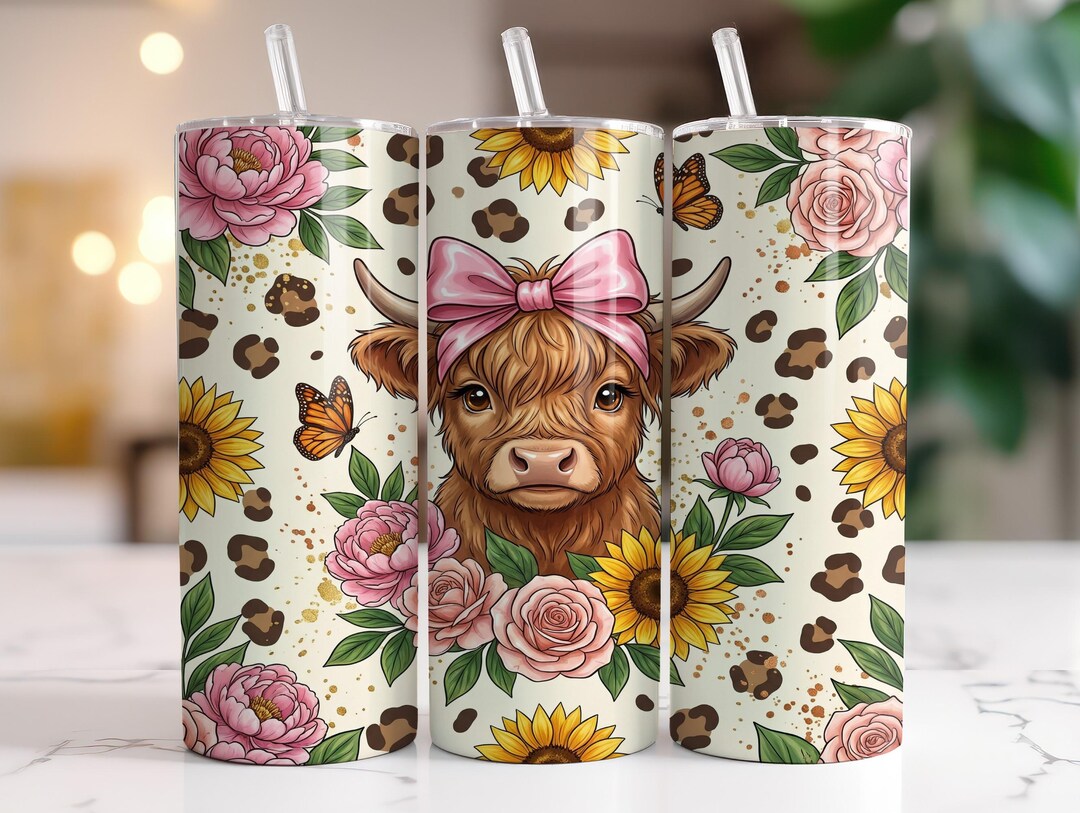 Highland Cow Floral Tumbler Wrap PNG 20oz Skinny Sublimation ...