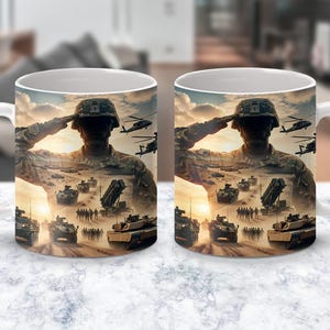Soldier saluting with military vehicles and helicopters in background.