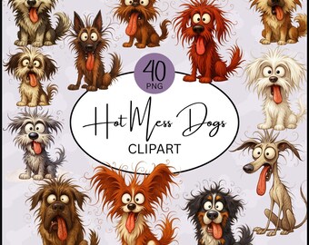 Clipart rommelige cartoonhond: 40 png-illustraties (digitale download)