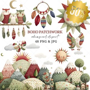 Ensemble de cliparts patchwork bohème, soleil, lune, plumes (PNG & JPG)