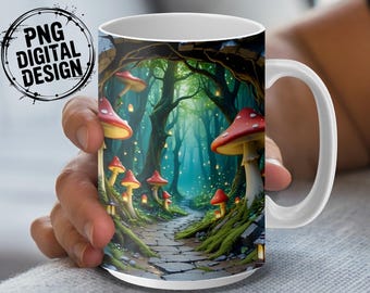 Mushroom Mug Wrap PNG, Enchanted Forest Fantasy Scene (Digital Download)