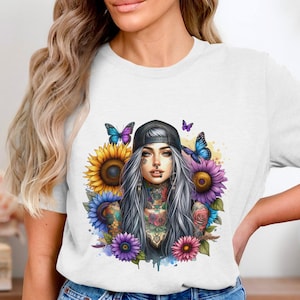 Tattooed Woman Sublimation Design, Flower PNG, Digital Download for Crafters, 5000x5000 DPI, Gothic Girl Art, Commercial Use