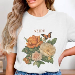 Abide Floral Digital Art, Giovanni 15:4, Stampa di farfalle, Illustrazione floreale in stile vintage, Arte murale cristiana, Decorazione per la casa con versetti biblici