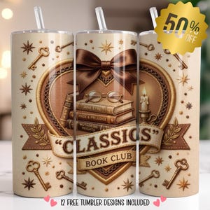 Classics Book Club Tumbler PNG for Sublimation, Vintage Bookish Design, Dark Academia Reader Art, Book Lover Digital Download