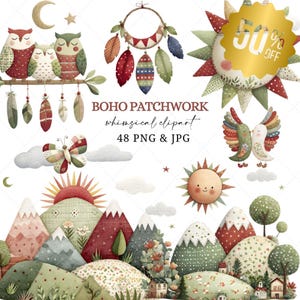 Ensemble de cliparts bohèmes, soleil et lune en patchwork, plumes (48 fichiers PNG)