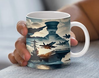 Navy Mug Wrap PNG Sublimation | Aircraft Carrier Fighter Jets Military Design | Navy Veteran Sailor Gift | Coffee Mug Wrap Digital Download
