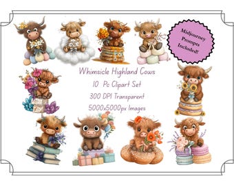 Pastel Highland Cow Clipart Bundle, Floral Cow PNG