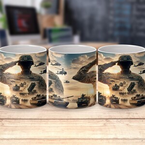 Military salute with tanks and helicopters against a desert landscape on three mugs.