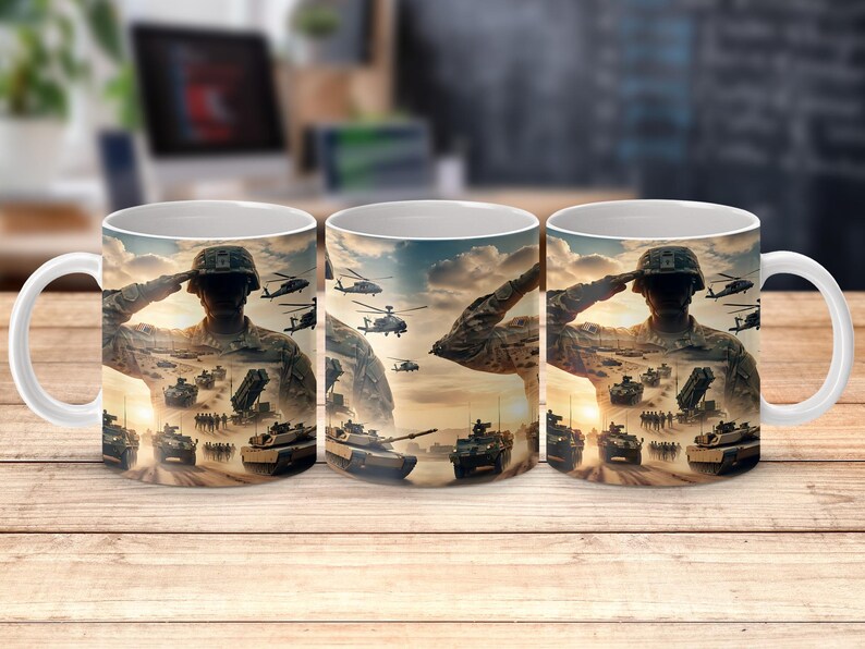 Military salute with tanks and helicopters against a desert landscape on three mugs.