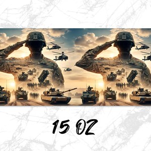 Military tanks and helicopters with soldier saluting, 15 oz.