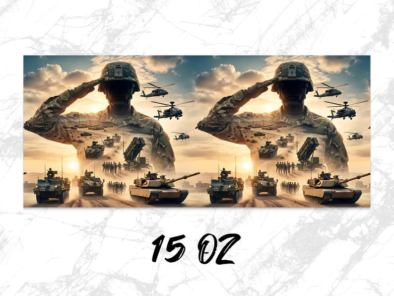 Military tanks and helicopters with soldier saluting, 15 oz.