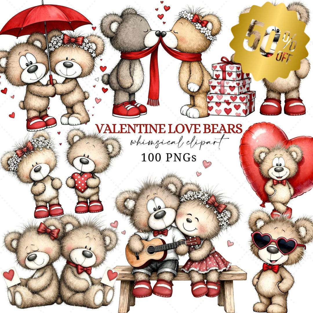 Valentine Teddy Bear Love Clipart Bundle PNG Set Romantic Watercolor ...
