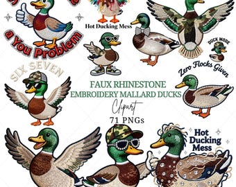Faux Rhinestone Embroidery Camo Mallard Ducks Clipart PNG Bundle