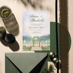 Bewerkbare sjabloon voor bloemenhuwelijksuitnodiging – aquarel tuinontwerp – pdf direct downloaden met aanpasbare tekst – elegante huwelijksuitnodiging