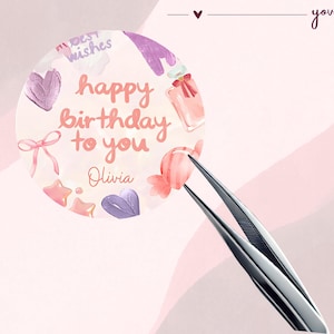 Editable Birthday Sticker | Round Happy Birthday Label | Canva Template | Pink Glitter Balloon & Candy Theme | Personalized Name Option
