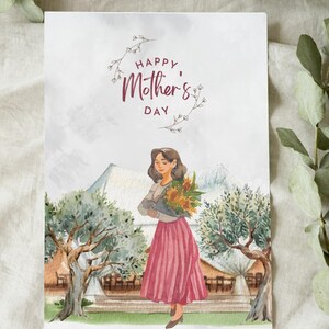 Carte rustique pour la fête des Mères | Carte de maman aquarelle imprimable | Scène florale et champêtre | 5 x 7 pouces