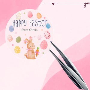 Happy Easter Round Sticker, Personalized Easter Bunny Tag, Custom Easter Gift Label, Cute Egg Sticker, Pastel Bunny Sticker, Printable