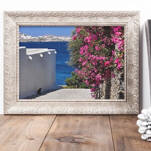 Coastal Photo Art Print – Mykonos Alleyway with Cat, Bougainvillea Flowers, Photo Fine Art - Greek Travel Photography - Photo Matte Print