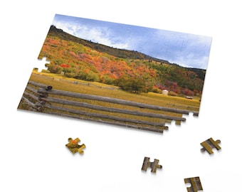 Fall Mountains Jigsaw Puzzle: Rustic Fence, Vibrant Foliage