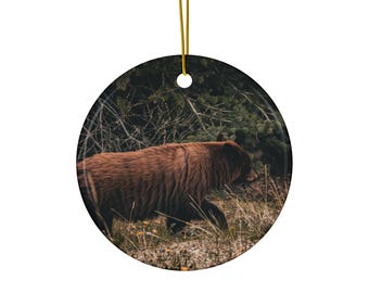 May include: A round ceramic ornament featuring a photographic print of a brown bear walking through a grassy field with dark forest foliage in the background. The ornament includes a gold-coloured string loop at the top for hanging.