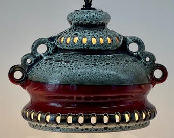 Vintage Mid-Century Fat Lava Ceramic Pendant Light, 1970s West German Pottery UFO Hanging Lamp, Space Age Red Boho Chandelier