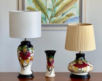 3-Piece Moorcroft Anna Lily Collection Set, Signed Nicola Slaney English Art Pottery Pair of Lamps and Matching Flared Vase Trio
