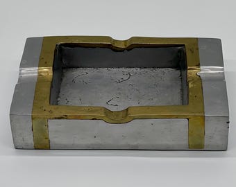 Vintage XL David Marshall Signed "dm" Block Ashtray, 1980s Spanish Aluminum & Brass, Heavy (4 lb / 1.8 kg) Executive Brutalist Decor