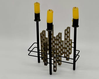 Vintage 1970s Spanish Brutalist Iron & Brass Grid Candelabra – Tiered Cityscape Design, 8.6" (22 cm)