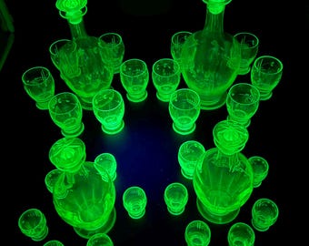 Antique UV-fluorescent Glass Decanter Set, 32pc Czech Art Deco Liquor Set, Glowing Vaseline Glass, Bohemian Glass, 4 Decanters 24 Glasses