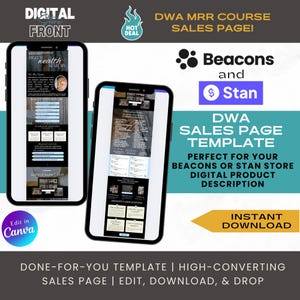May include: A digital sales page template for Beacons or Stan store digital products. The template is done-for-you and includes a high-converting sales page. The template is editable, downloadable, and can be dropped into your store. The template is labeled "DWA MRR Course Sales Page!" and features a hot deal label. The template is also labeled "Beacons and $ Stan DWA Sales Page Template".