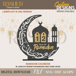 May include: A black and gold Ramadan calendar design featuring a crescent moon and mosque silhouette. The design includes the text "12 Days of Ramadan" and Arabic calligraphy. The image also includes the text "Ramadan Calendar" and "Digital Download File".