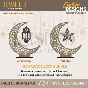 May include: A digital design for Ramadan decor featuring laser-cut crescent moons. One moon has a lantern, the other a star. The design includes the text "Ramadan Decor Bundle" and "Digital Download File".