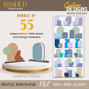 Peut inclure: Publicité pour des modèles de design numérique. L'image présente un présentoir de table doré et blanc avec des motifs d'arche abstraits de différentes couleurs. Le texte comprend "BUNDLE OF 55", "Unique Modern Table Stand Arch Design Templates" et "DIGITAL DOWNLOAD FILE".