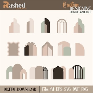 May include: Set of 12 digital arch designs in various styles, including arched doorways, windows, and gates. The designs are in a minimalist style with neutral colors like beige, brown, and green. The designs are perfect for crafting projects, scrapbooking, and digital design.