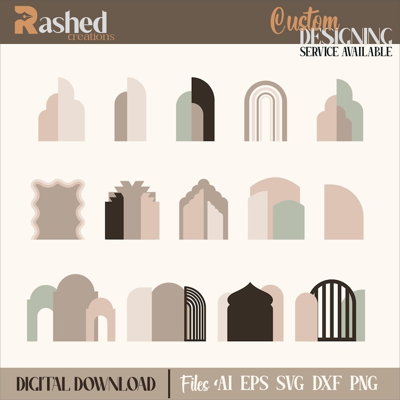 May include: Set of 12 digital arch designs in various styles, including arched doorways, windows, and gates. The designs are in a minimalist style with neutral colors like beige, brown, and green. The designs are perfect for crafting projects, scrapbooking, and digital design.