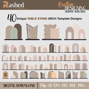 40 diseños únicos de arcos de mesa cortados con láser: 40 plantillas de arcos redondeados, medios e islámicos. Letreros de boda, decoración de mesas, fondos para eventos, SVG.