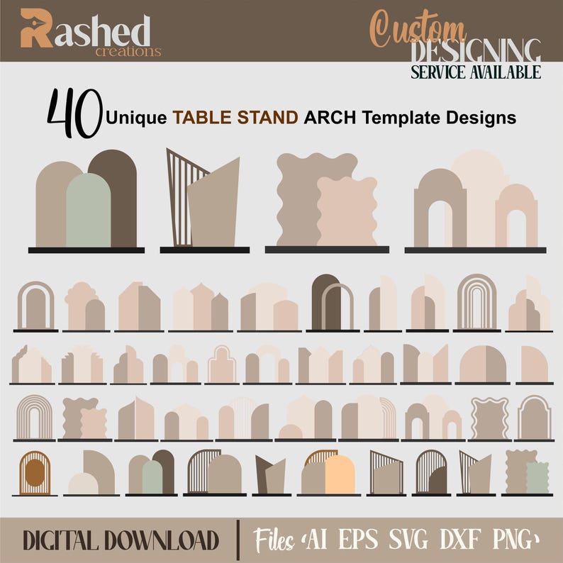 May include: A set of 40 unique table stand arch template designs in various shapes and styles. The designs are in shades of brown, beige, and white. The text "40 Unique TABLE STAND ARCH Template Designs" is at the top of the image.